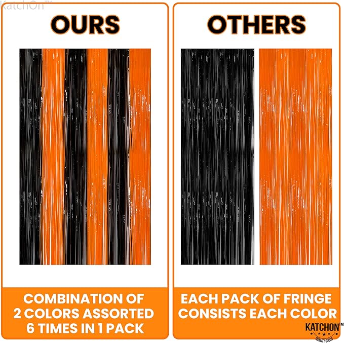 KatchOn, Black and Orange Foil Fringe Curtain - XtraLarge 3.2x8 Feet,