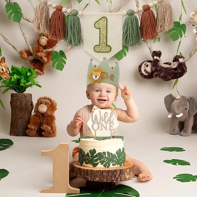Wild One 1st Highchair Wood Bead Tassel Garland Lion Crown Hat