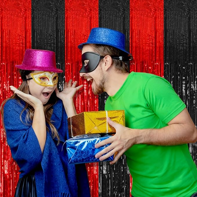 2 Pack Black and Red Backdrop Party Decorations Tinsel Curtain