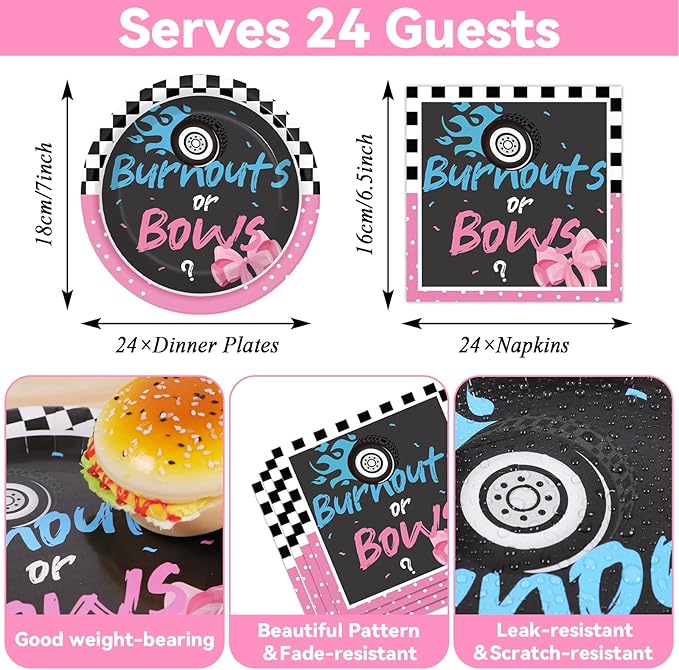 24 Guests Burnouts or Bows Gender Reveal Party Supplies Baby Boy or