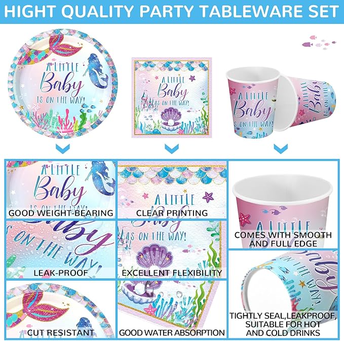 200 Pcs Mermaid Baby Shower Paper Plates Napkins Cups Under the Sea