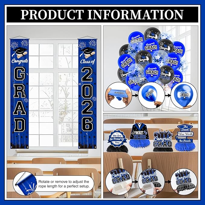 Graduation Decorations Blue Party Decor Set include Congrats Grad