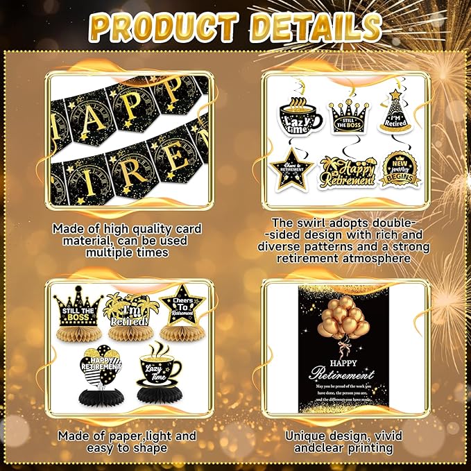 Happy Retirement Party Decorations for Men and Women Black and Gold
