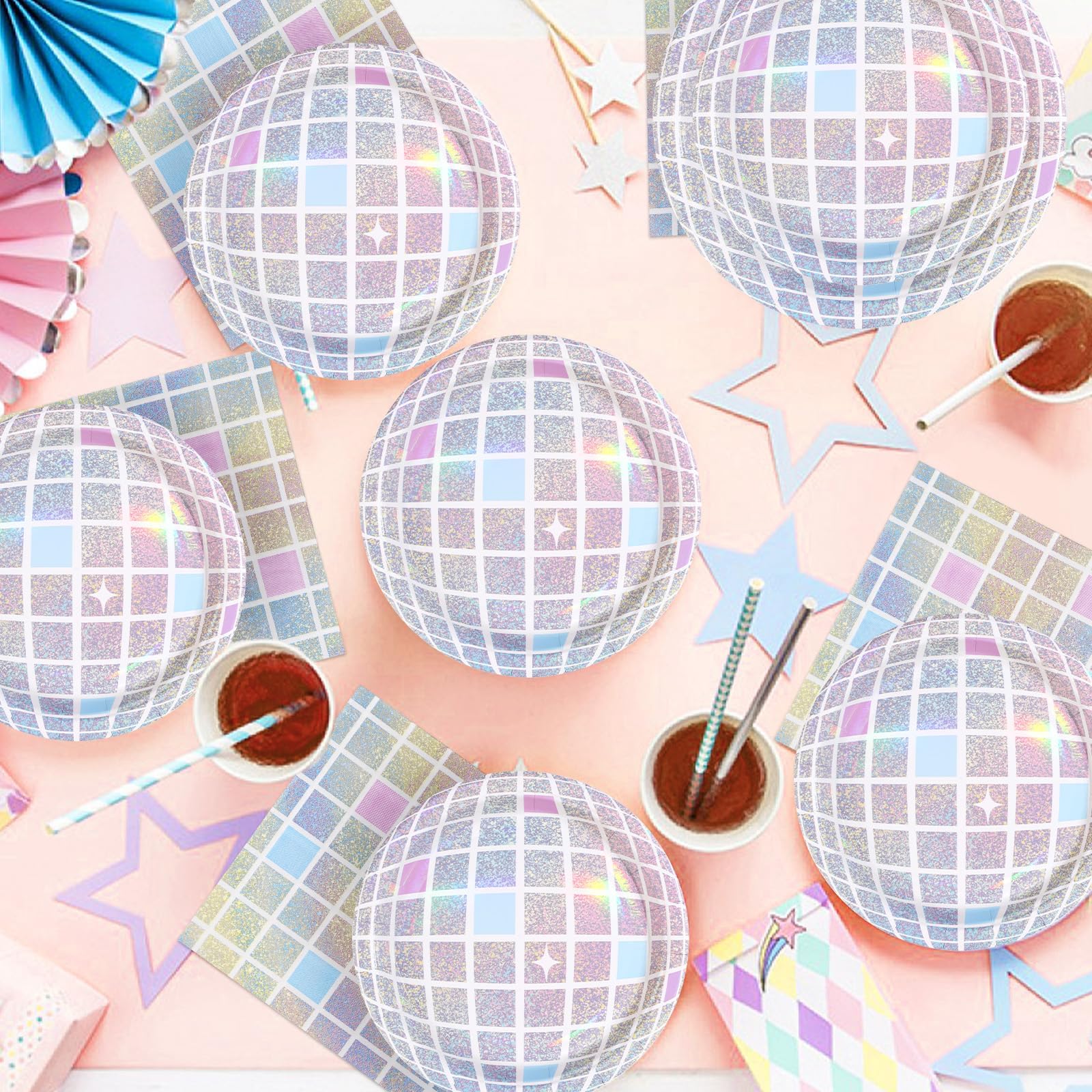 96Pcs Disco Party Supplies Pink Pastel Silver Disco Ball Plates and