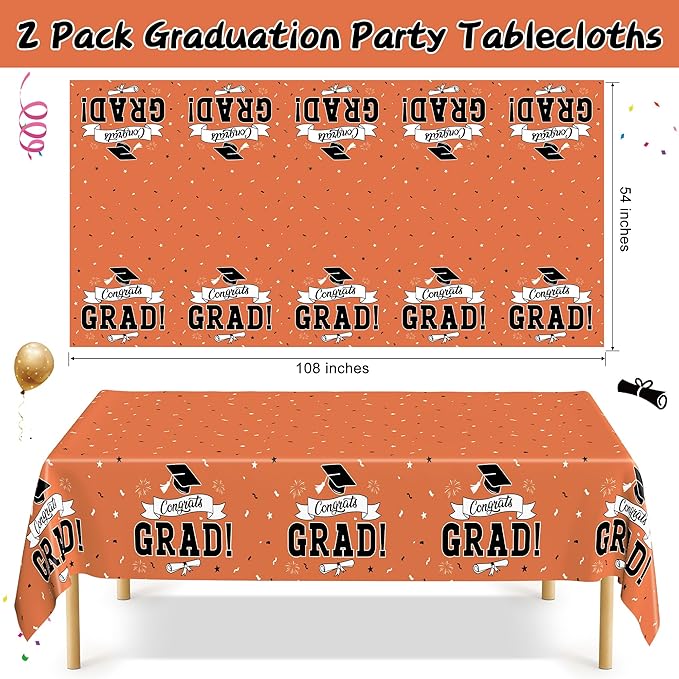 QZYL 2Pcs 2026 Graduation Table Cloths, 108" X 54" Orange Grad Party