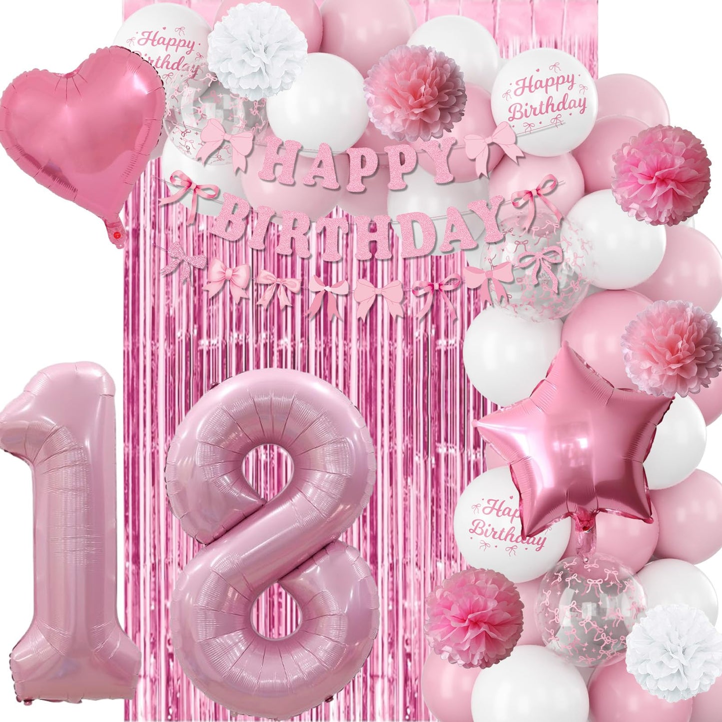18th Birthday Decorations for Girls Pink Number 18 Balloon Bow