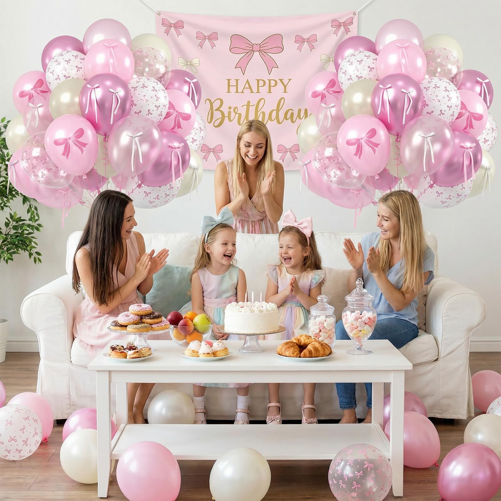 Pink Bow Balloons, 60PCS Double Stuffed Pearl White Light Pink
