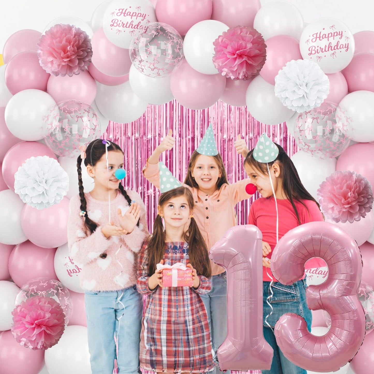 13th Birthday Decorations for Girls Pink Number 13 Balloon Bow