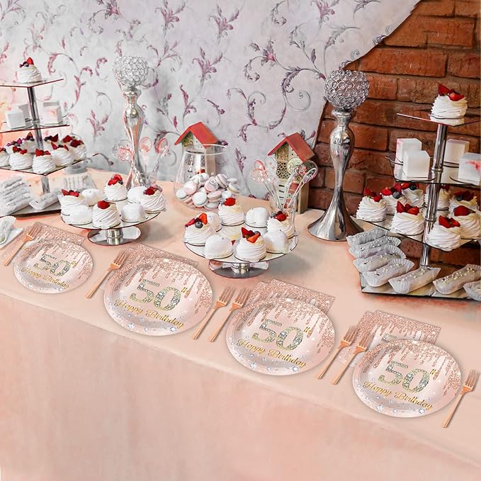 96 Pieces 50th Birthday Tableware Set for Pink Rose Gold 50th