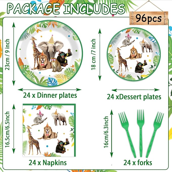 96Pcs Jungle Birthday Party Plates and Napkins Safari Animals Themed