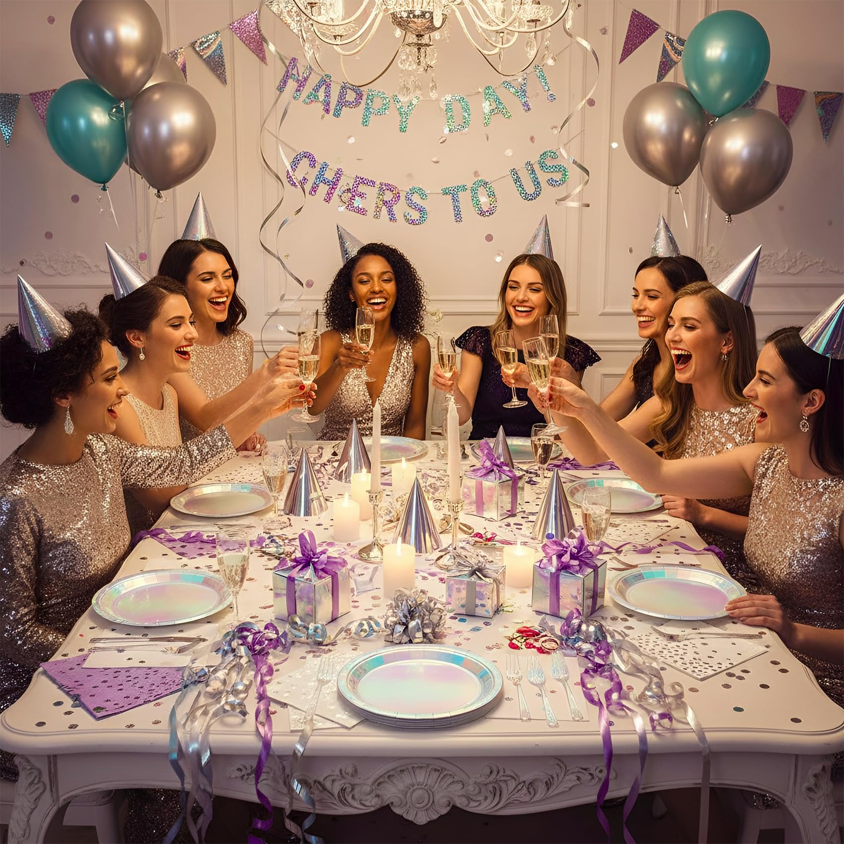 Iridescent Party Plates and Napkins,200pcs | 50 7inch Dessert Plates |