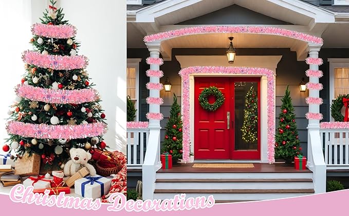 50Ft Pink Christmas Garland Decorations Valentines Day Tinsel Stems