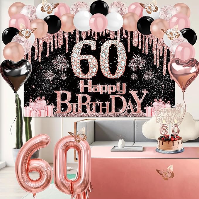 60th Birthday Decorations for Women 49pcs Black Rose Gold Black