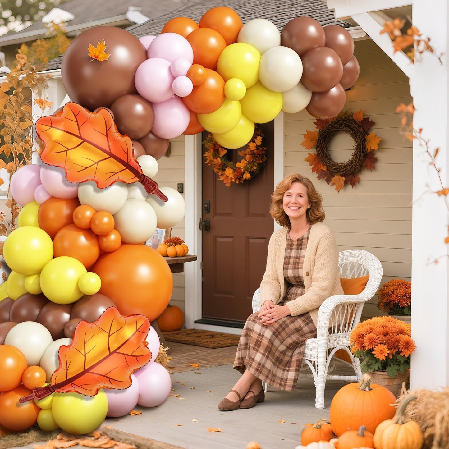 Fall Pink Balloons Garland Arch Kit, Orange Brown White Pink Yellow