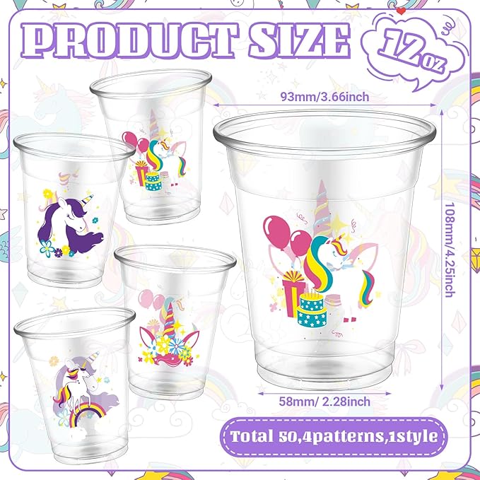 50 Pcs Unicorn Cups 12 oz Unicorn Plastic Glasses Clear Disposable