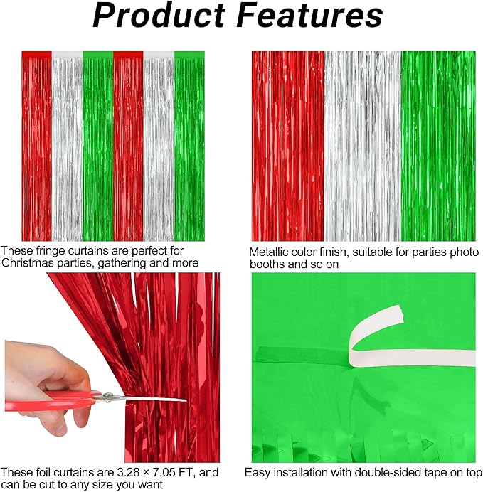 2 Pack Christmas Backdrop, 3.28 FT x 7.05 FT Red Silver Green Party