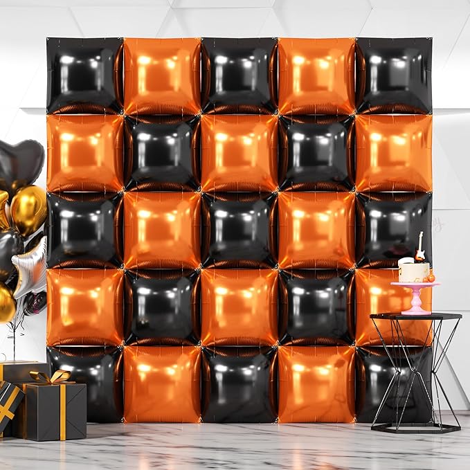 25PCS Halloween Black Orange Square Foil Balloons Wall Backdrop