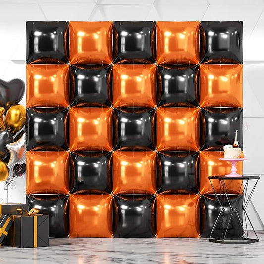 25PCS Halloween Black Orange Square Foil Balloons Wall Backdrop
