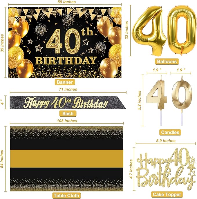 40th Birthday Decorations Men Women with 40th Birthday Banner Black