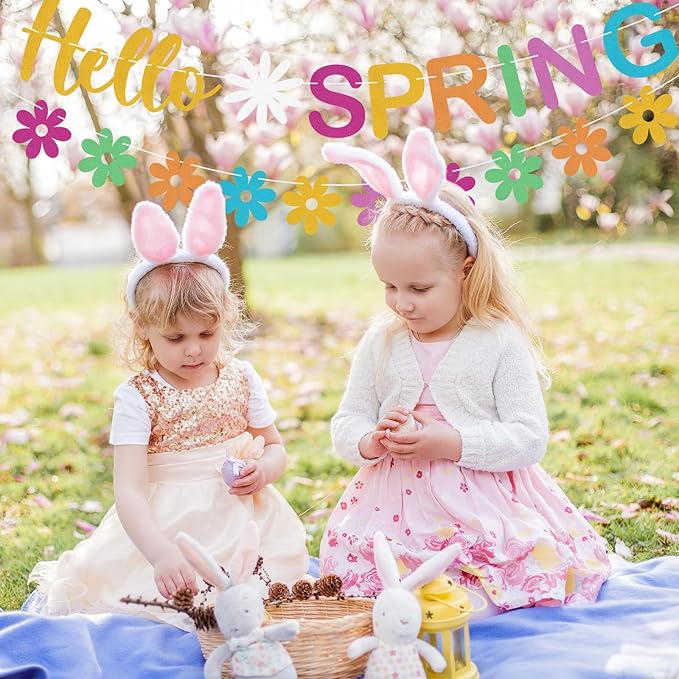 Hello Spring Banner Colorful Glitter Spring Wildflower Banner