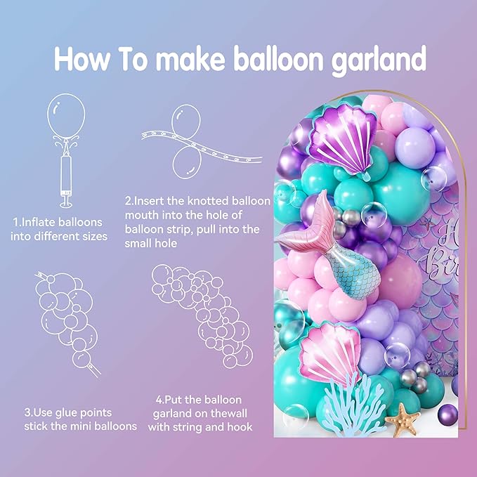 106pcs Mermaid Balloon Garland Arch Kit with Giant Foil Tail & 3