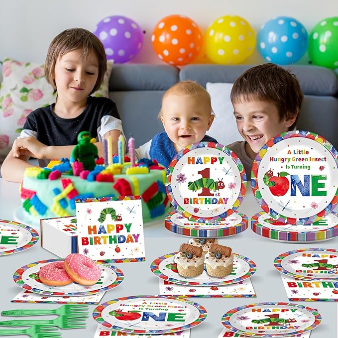 96Pcs Caterpillar 1st Birthday Party Plates and Napkins Hungry
