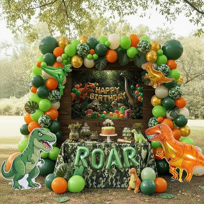 Dinosaur Birthday Decorations include Hunter Green Bunt Orange White