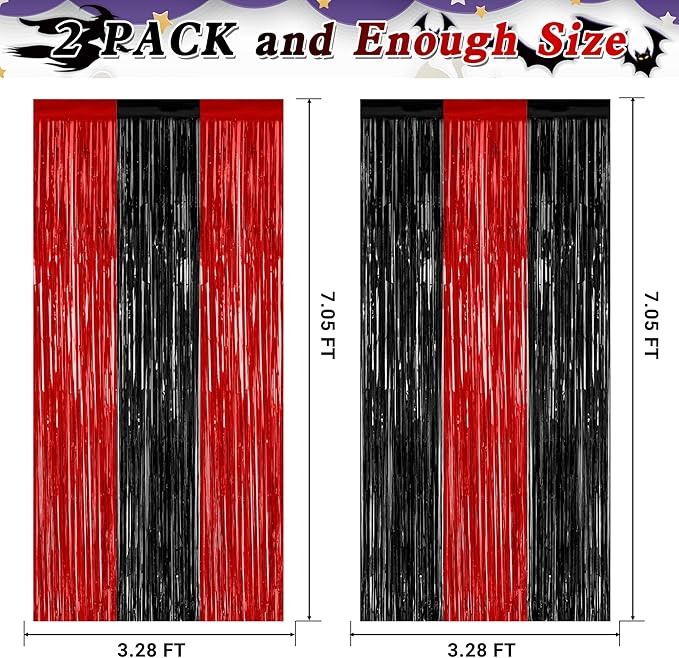 2 Pack Backdrop Curtains, 3.28 FT x 7.05 FT Black and Red Party