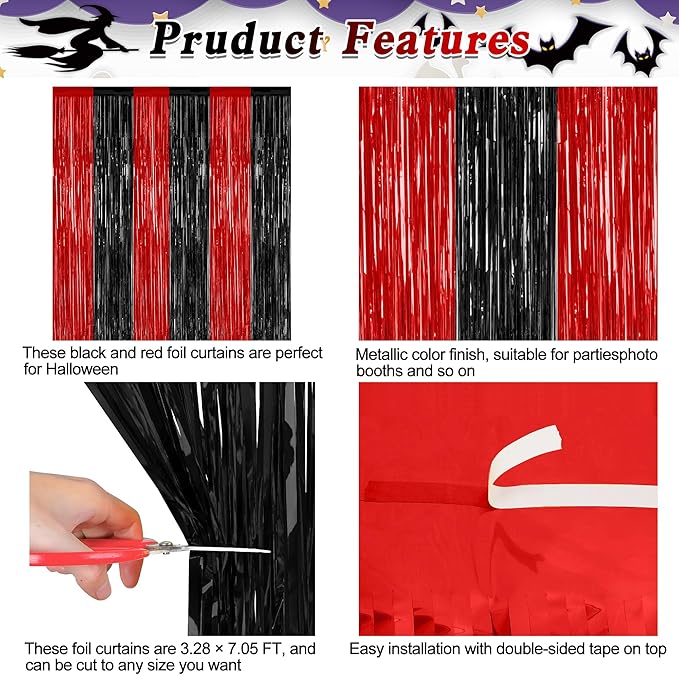 2 Pack Backdrop Curtains, 3.28 FT x 7.05 FT Black and Red Party