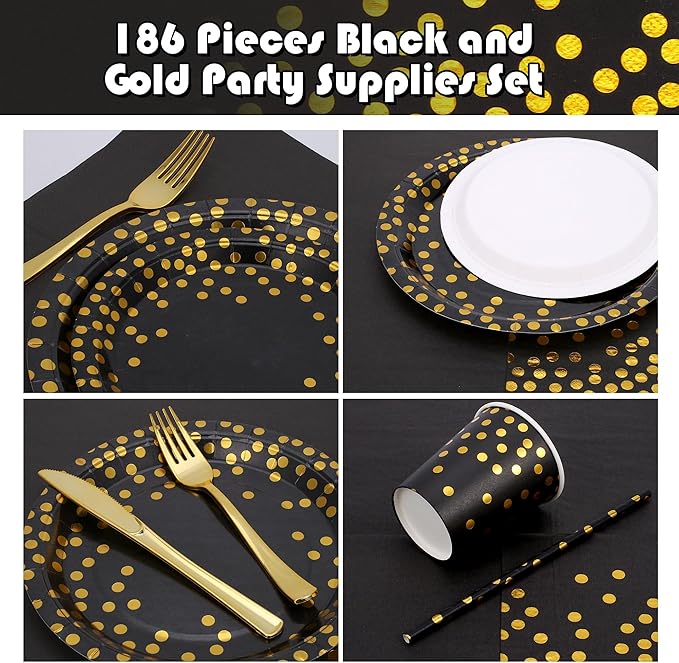 Sylken 186 Pieces Black and Gold Party Tableware Set - 25 Guests