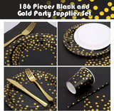 Sylken 186 Pieces Black and Gold Party Tableware Set - 25 Guests