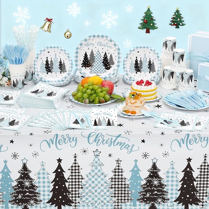 452 Pcs Light Blue Christmas Party Decoration for 50 Plaid Gingham