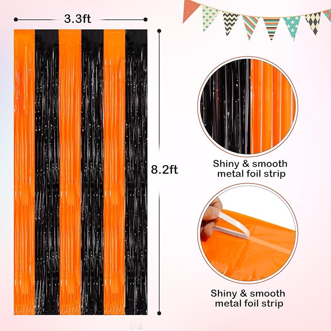 Orange Black Tinsel Foil Fringe Curtains, 2 Pack 3.3x8.3 Feet Party