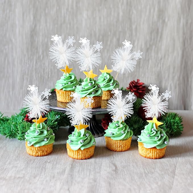 Gyufise 20Pcs Foil Firework Cupcake Toppers Sparkle Tinsel Cake