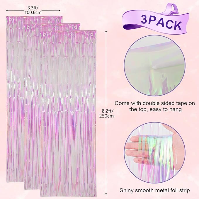 Voircoloria 3 Pack 3.3x8.2 Feet Iridescent Transparent Foil Fringe