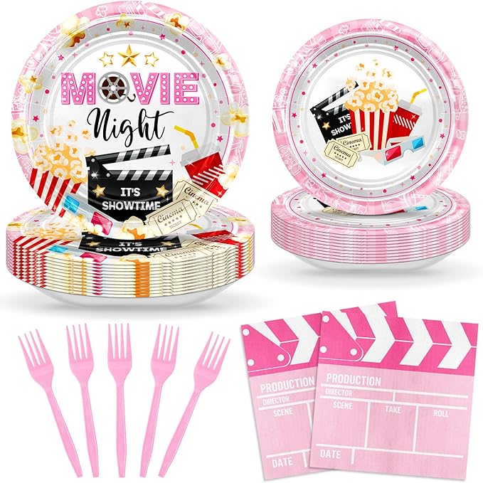 96 pcs Movie Night Party Decorations Pink Movie Night Plates and
