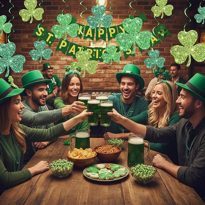 32 Pcs St Patrick's Day Party Decorations Double Sided Glitter Green