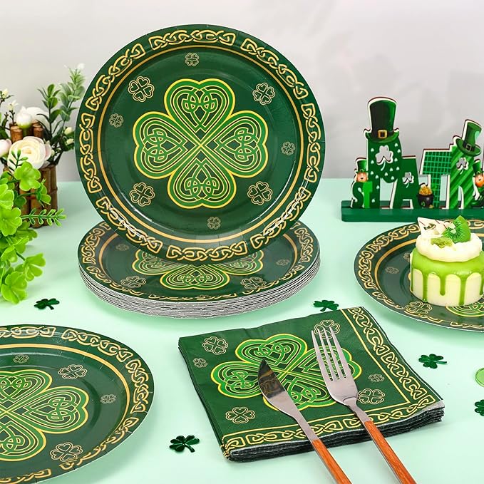 48 pcs St Patrick's Day Tableware Sets 9 Inch Shamrock Clover