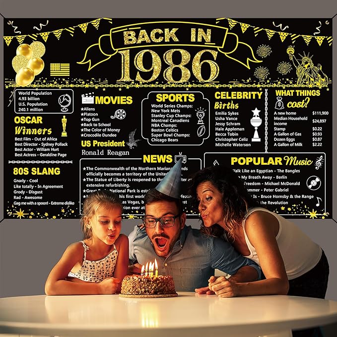 DARUNAXY 40th Birthday Black Gold Party Decoration, Back in 1986