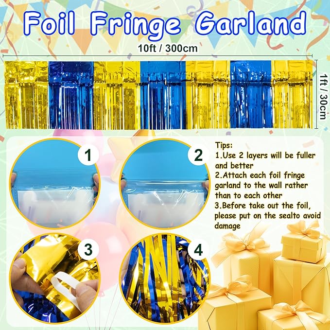 4 Pack 10 Feet Graduation Parade Floats Foil, Royal Blue Gold Fringe