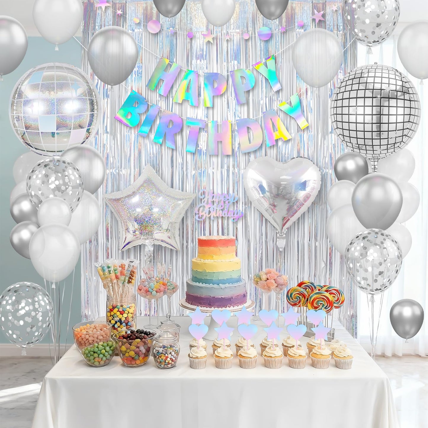 Disco Party Decorations, Iridescent Happy Birthday Star Hanging Banner