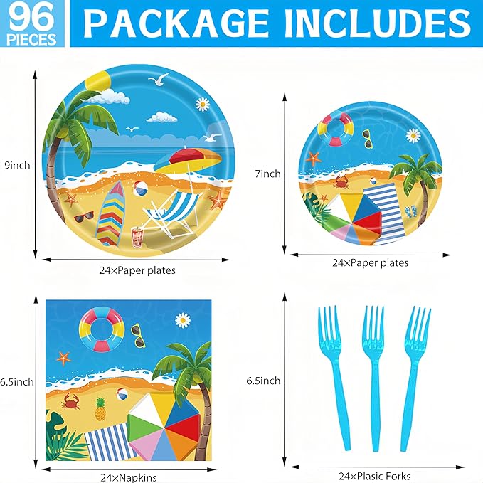 96 Pcs Summer Beach Plates and Napkins Beach Theme Decorations