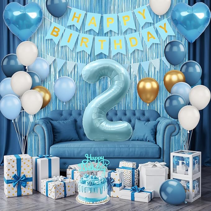 2nd Birthday Decorations Blue White Gold 25pcs Balloons Banner