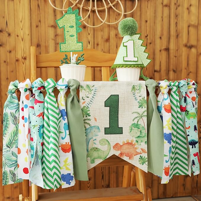 Dinosaur Theme 1st Highchair Banner Tassel Garland Dino Conical Cap