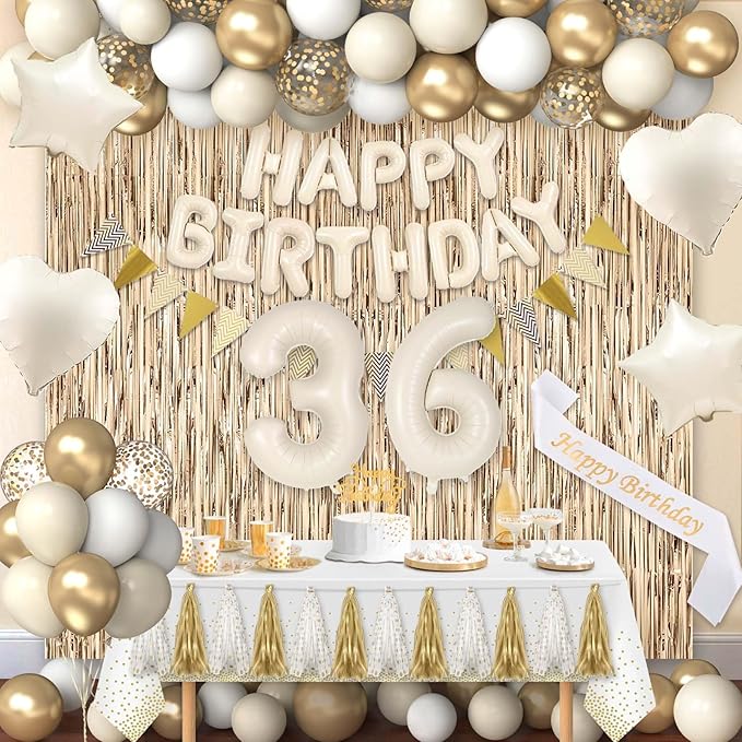 36th Birthday Decorations for Women, White and Gold 36 Boho Birthday