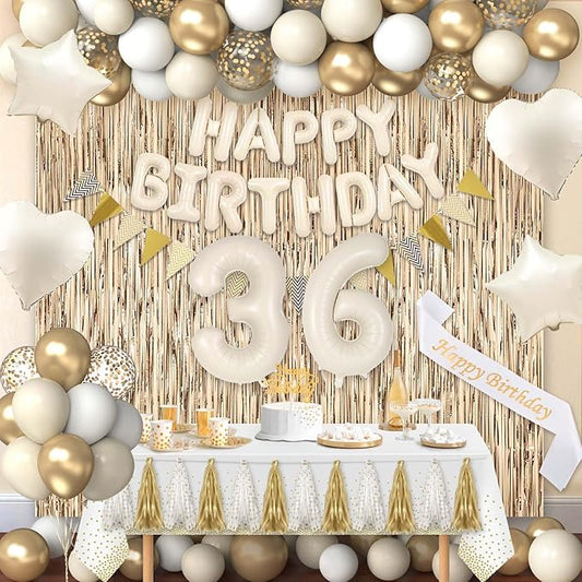 36th Birthday Decorations for Women, White and Gold 36 Boho Birthday