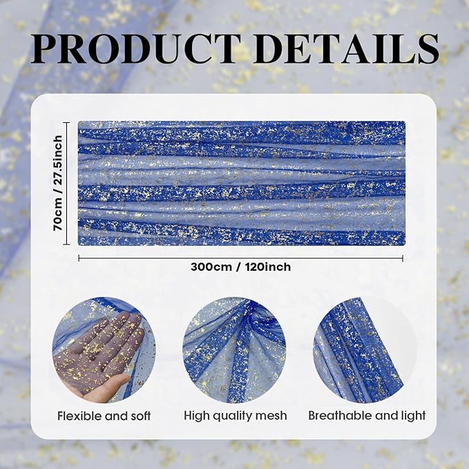 Artoid Mode 10PCS Blue Gold Gauze Table Runner 120 Inch 10FT, Glitter