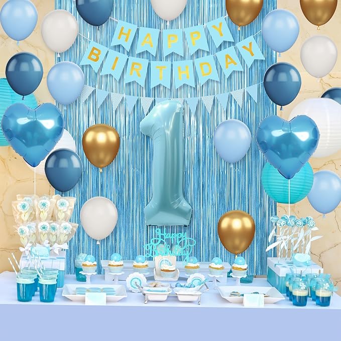 1st Birthday Decorations Blue White Gold First Birthday Balloons