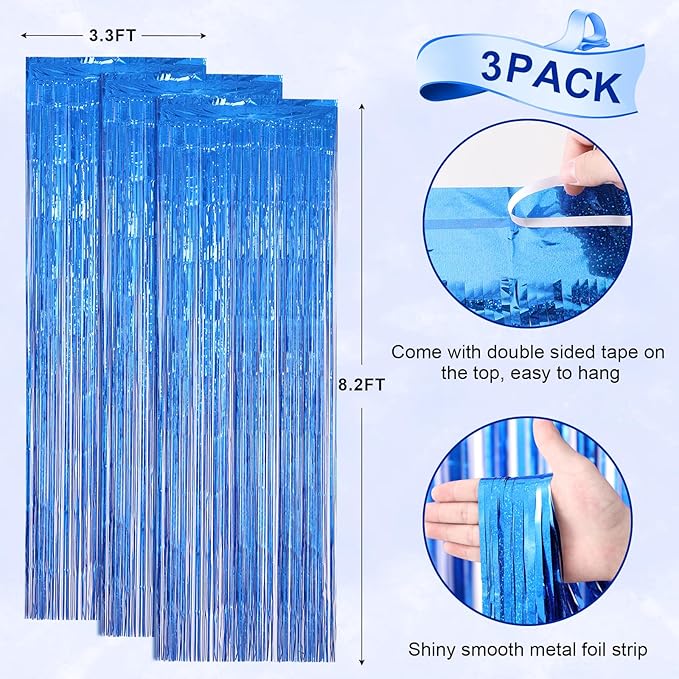 Voircoloria 3 Pack 3.3 x 8.2 ft Laser Blue Foil Fringe Backdrop