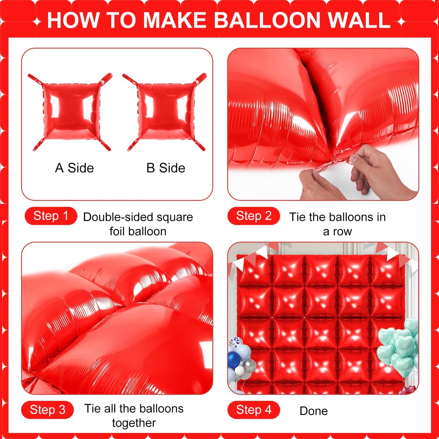 Red Square Foil Balloons 25 Pcs Metallic Red Balloons Wall Backdrop